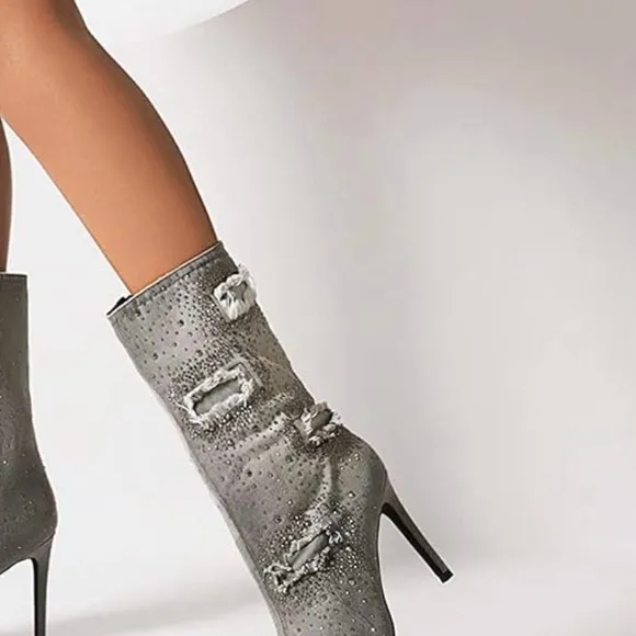 Women's Pointed Toe Denim Boots Stiletto Heel Glitter Mid-Calf Booties