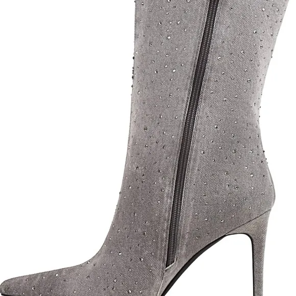 Women's Pointed Toe Denim Boots Stiletto Heel Glitter Mid-Calf Booties