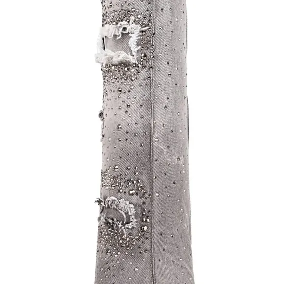 Women's Pointed Toe Denim Boots Stiletto Heel Glitter Mid-Calf Booties