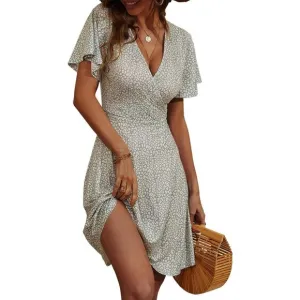Womens Summer Floral Short Sleeve Wrap V Neck A-Line Midi Dress Sundress