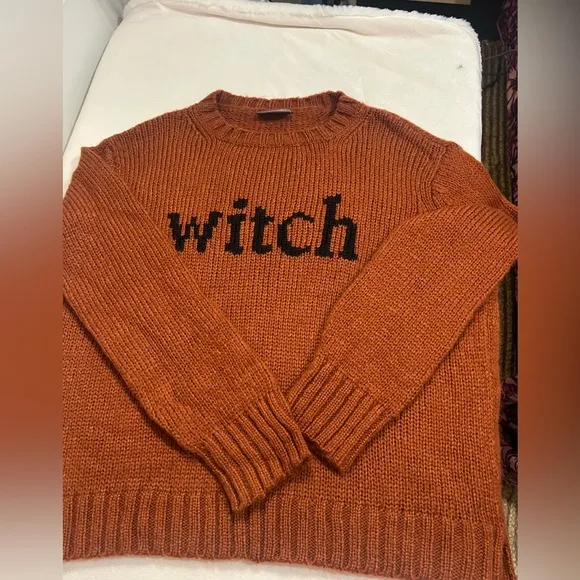 Wooden Ships Orange Rust Color Wool Blend Sweater with 'Witch' Design size S/M