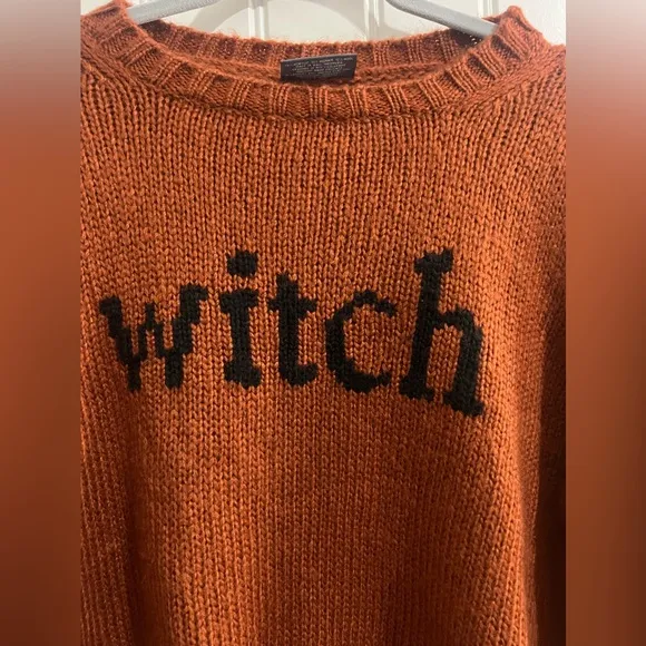 Wooden Ships Orange Rust Color Wool Blend Sweater with 'Witch' Design size S/M