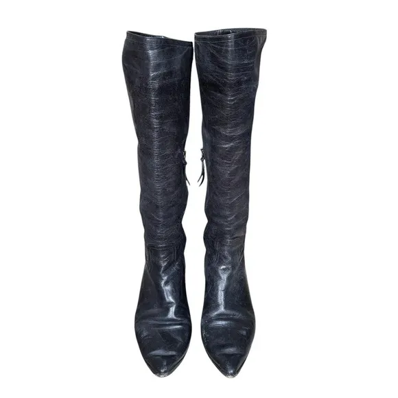 Y2k Miu Miu castle core goth black leather knee high pointed toe boots 38.5