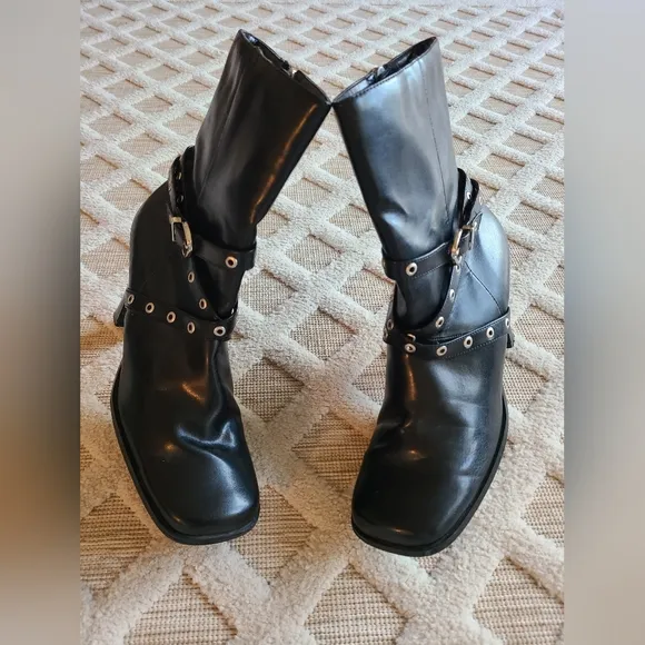 Y2k Vintage Bongo Chunky Buckle Square Toe Ankle Boots Size 10 Biker Punk Rock