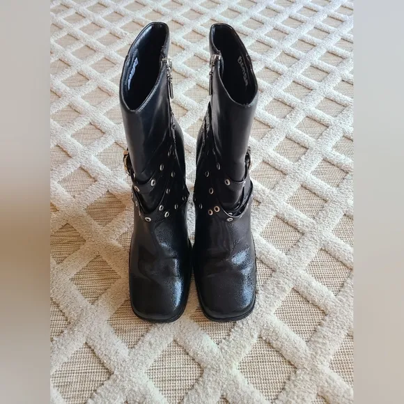 Y2k Vintage Bongo Chunky Buckle Square Toe Ankle Boots Size 10 Biker Punk Rock