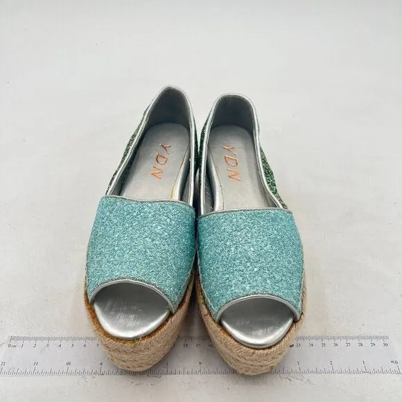 YDN Green Espadrille Platform Loafers Glitter Fashion Slip-On Peep Toe Shoe