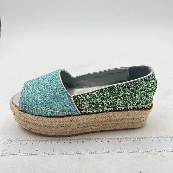 YDN Green Espadrille Platform Loafers Glitter Fashion Slip-On Peep Toe Shoe