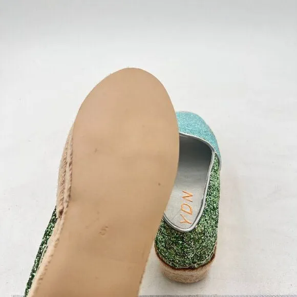 YDN Green Espadrille Platform Loafers Glitter Fashion Slip-On Peep Toe Shoe