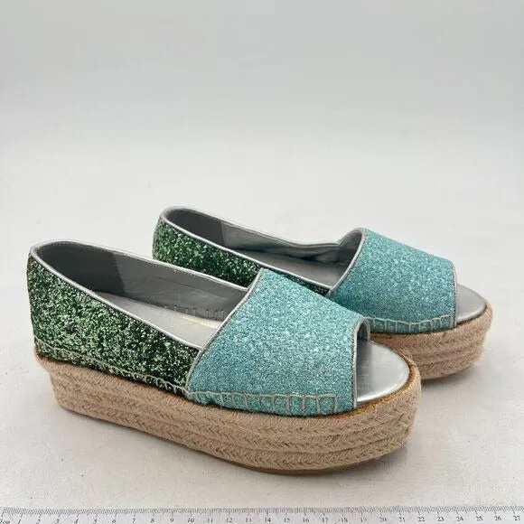 YDN Green Espadrille Platform Loafers Glitter Fashion Slip-On Peep Toe Shoe