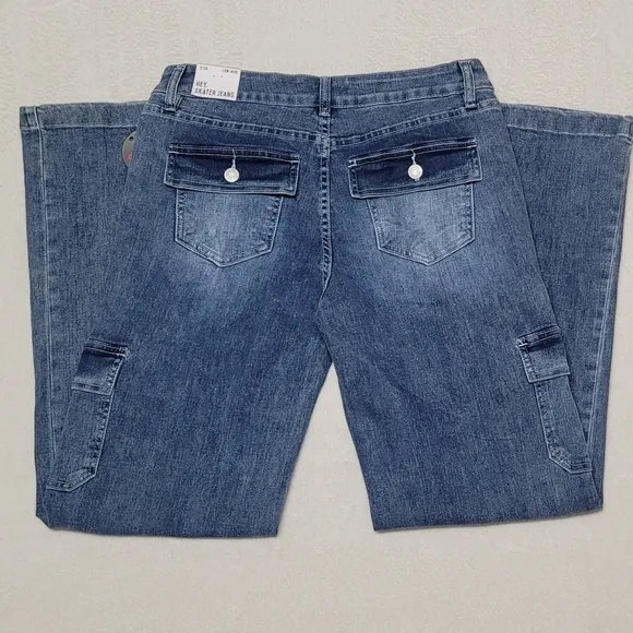 YMI Women's Mid Wash Low Rise Flap Pocket Wide Leg Skater Jeans 28
