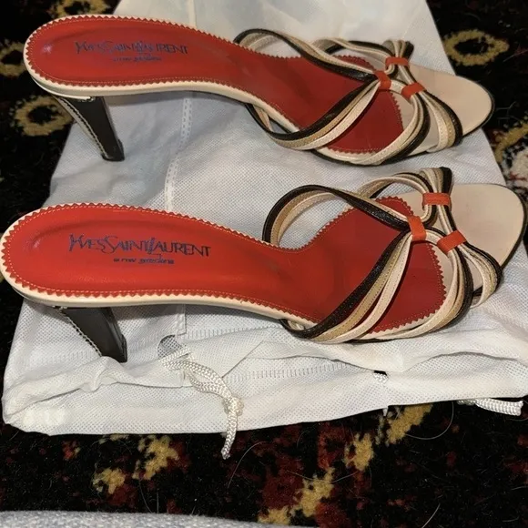 YSL Yves Saint Laurent Vintage Strappy Neutral Coastal Grandma Beach High Heels