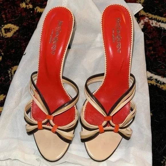YSL Yves Saint Laurent Vintage Strappy Neutral Coastal Grandma Beach High Heels