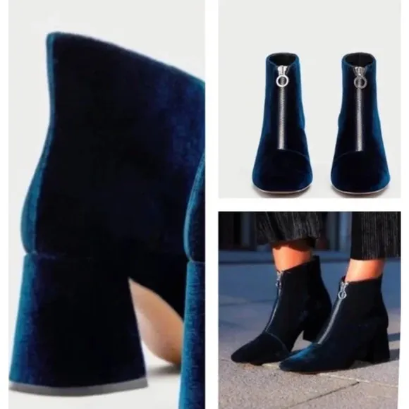 Zara 9.5  Midnight Blue Velvet Front Zip Ankle Boots Square Toe Block Heel EU 40