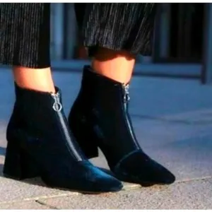 Zara 9.5  Midnight Blue Velvet Front Zip Ankle Boots Square Toe Block Heel EU 40