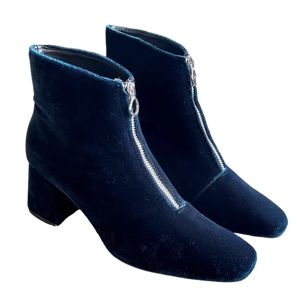 Zara 9.5  Midnight Blue Velvet Front Zip Ankle Boots Square Toe Block Heel EU 40