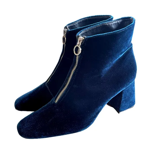 Zara 9.5  Midnight Blue Velvet Front Zip Ankle Boots Square Toe Block Heel EU 40