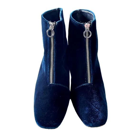 Zara 9.5  Midnight Blue Velvet Front Zip Ankle Boots Square Toe Block Heel EU 40