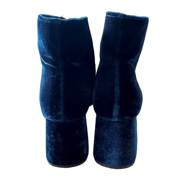 Zara 9.5  Midnight Blue Velvet Front Zip Ankle Boots Square Toe Block Heel EU 40