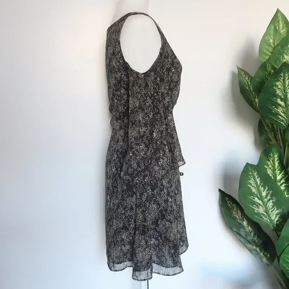 ZARA Black &amp; Grey Print Cold Shoulder Chiffon Bell Sleeve Mini Dress Size Small