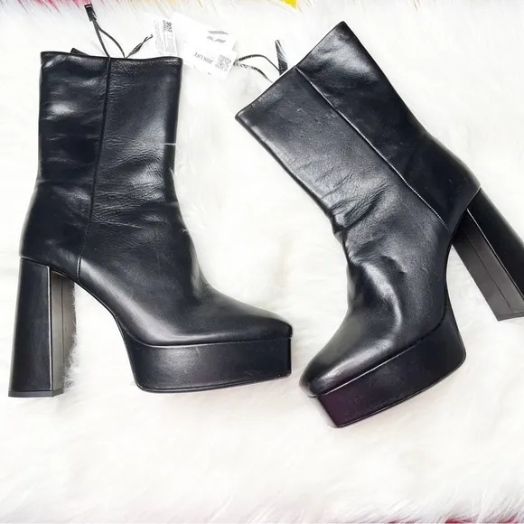 Zara Black Mega High Platform Leather Ankle Boots Size 10