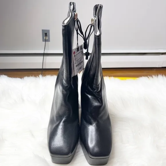 Zara Black Mega High Platform Leather Ankle Boots Size 10