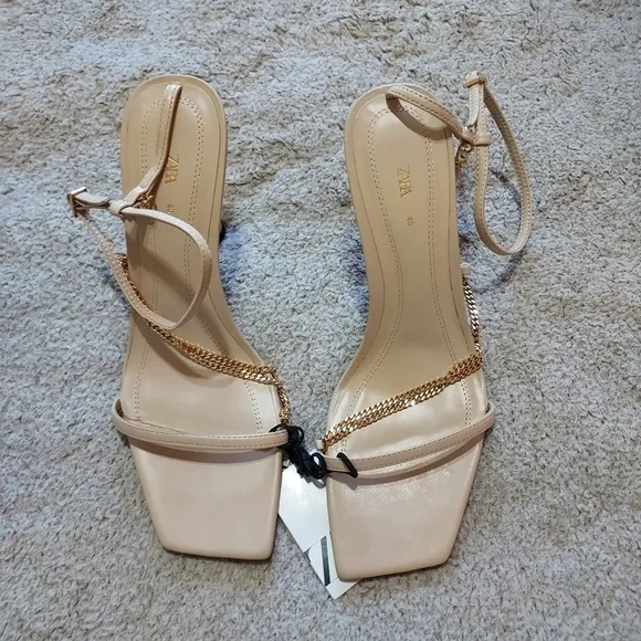 Zara Chain Trim Heeled Leather Sandals