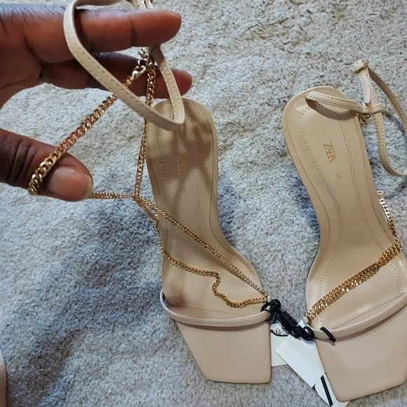 Zara Chain Trim Heeled Leather Sandals