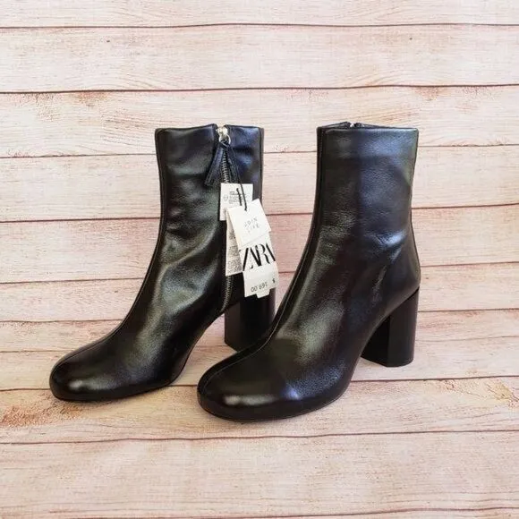 ZARA Leather Heeled Round Toe Ankle Boots Booties Classic Women's Size 40 Black