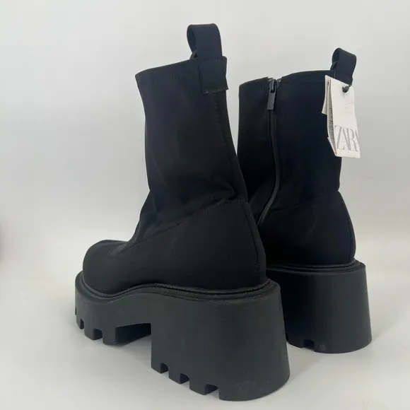 Zara Neoprene Fabric Chunky Platform Lug Sole Boots In Black