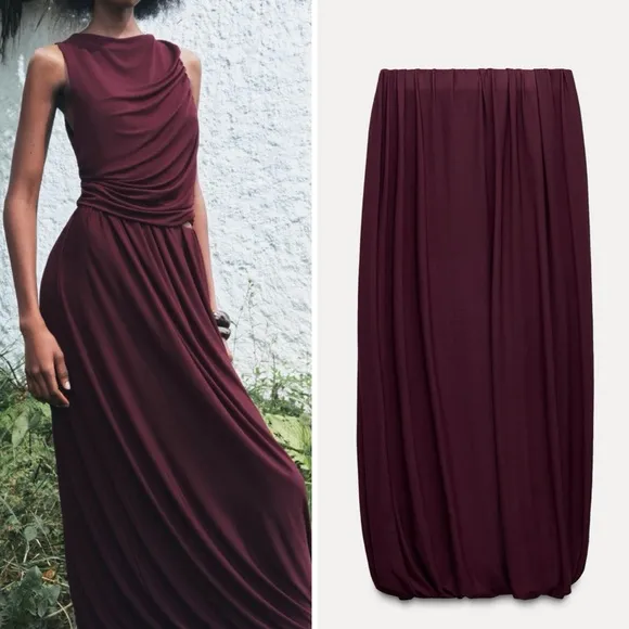 Zara NWT Burgundy elastic waistband balloon midi skirt, stretchy material