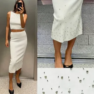 Zara NWT white beaded jeweled embellished midi skirt stretchy material