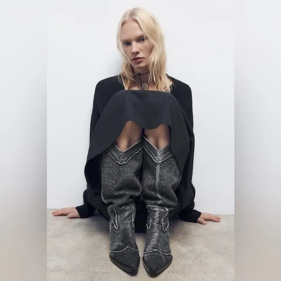 Zara Rhinestone Denim Cowboy Boots