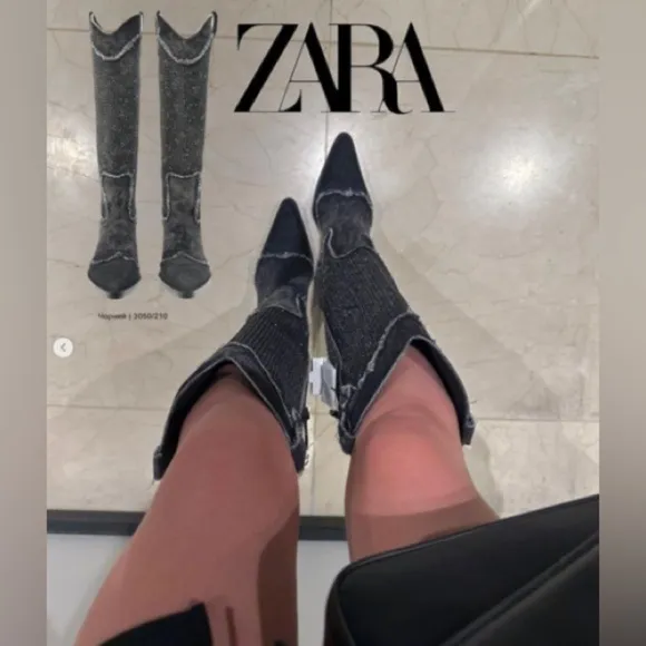 ZARA Rhinestone Denim cowboy boots