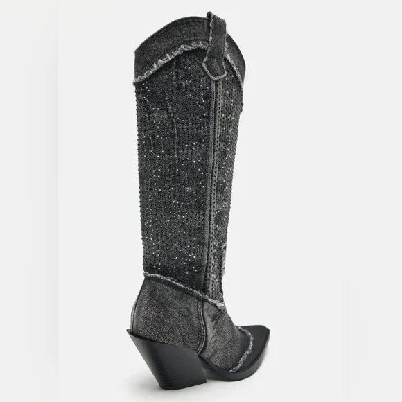 Zara Rhinestone Denim Cowboy Boots