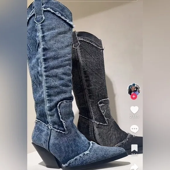 ZARA Rhinestone Denim cowboy boots