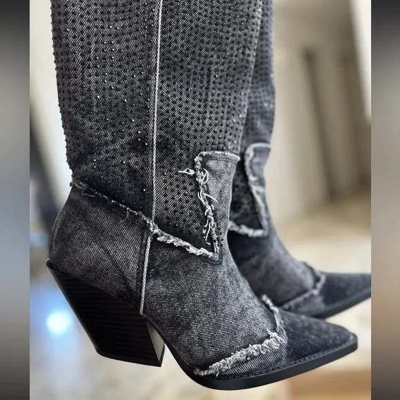 ZARA Rhinestone Denim cowboy boots