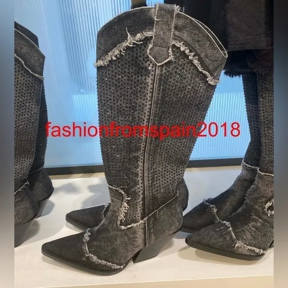 ZARA Rhinestone Denim cowboy boots