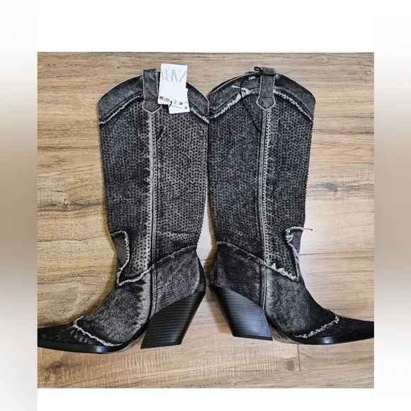 ZARA Rhinestone Denim cowboy boots