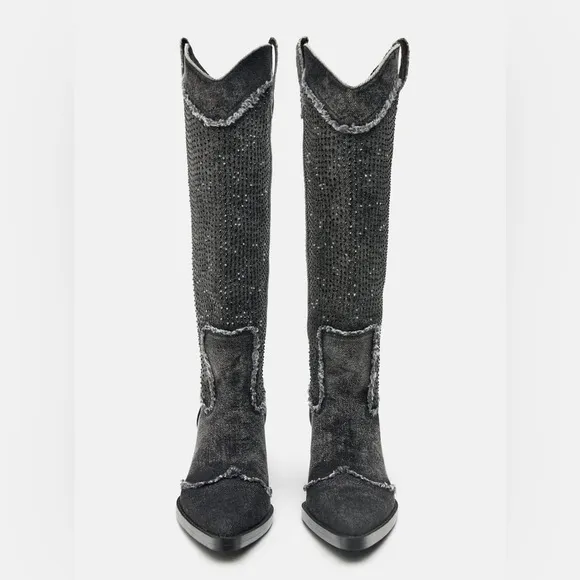 Zara Rhinestone Denim Cowboy Boots