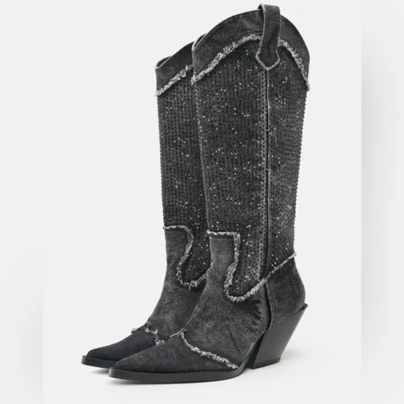 ZARA Rhinestone Denim cowboy boots