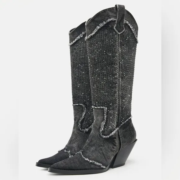 Zara Rhinestone Denim Cowboy Boots