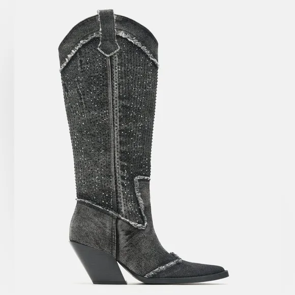 Zara Rhinestone Denim Cowboy Boots