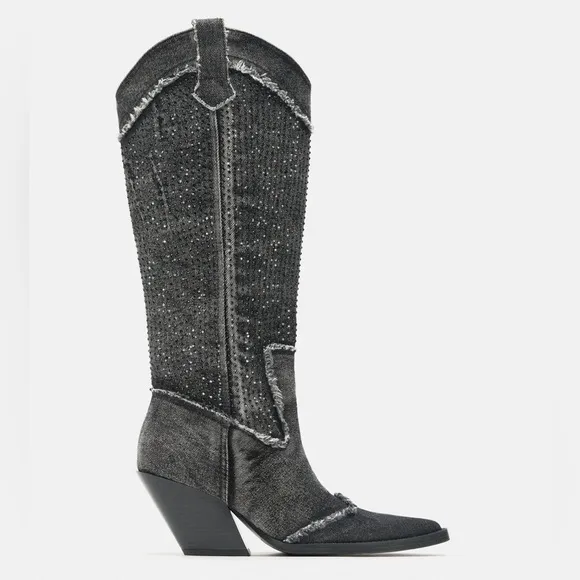 ZARA Rhinestone Denim cowboy boots