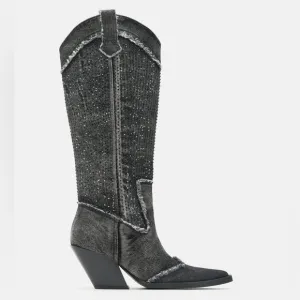 Zara Rhinestone Denim Cowboy Boots
