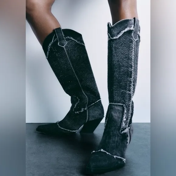 ZARA Rhinestone Denim cowboy boots