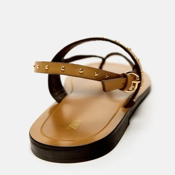 Zara Studded Brown Nude Leather Minimalist Flat Sandals Shoes Size 10