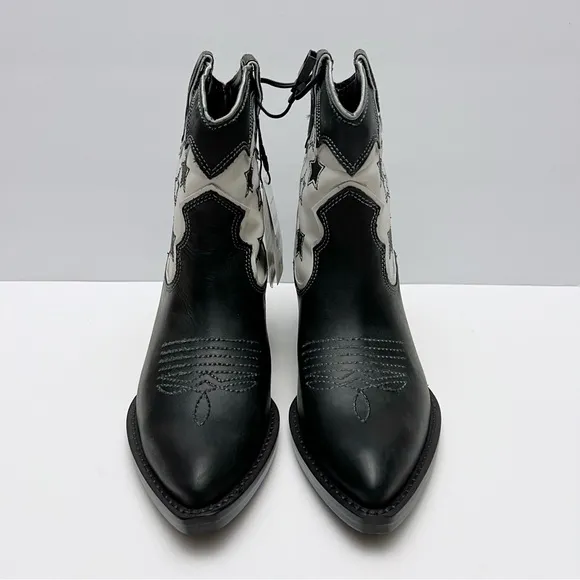 Zara Womens Black White Leather Stars Western Cowboy Boots EU 36 /US 6 NEW