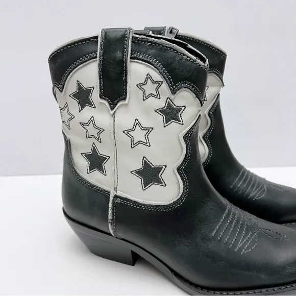 Zara Womens Black White Leather Stars Western Cowboy Boots EU 36 /US 6 NEW
