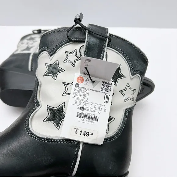 Zara Womens Black White Leather Stars Western Cowboy Boots EU 36 /US 6 NEW