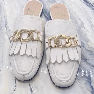 Zara Women’s Ecru White Leather Mule Sandals With Chain Size 39